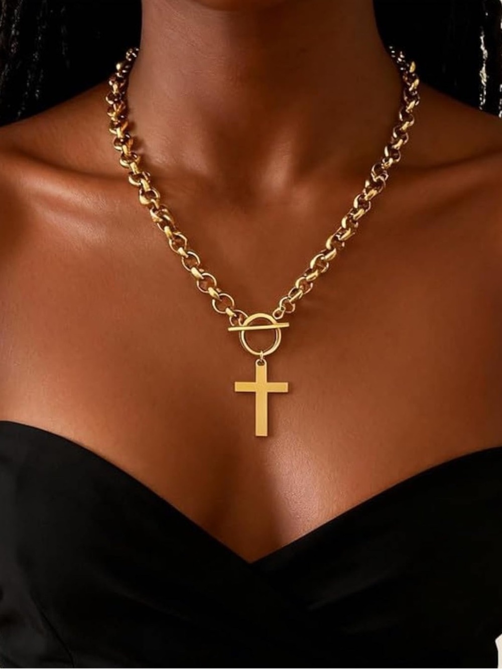 Gold Tone Cable Chain Necklace Cross Charm Pendant Toggle  Jewelry